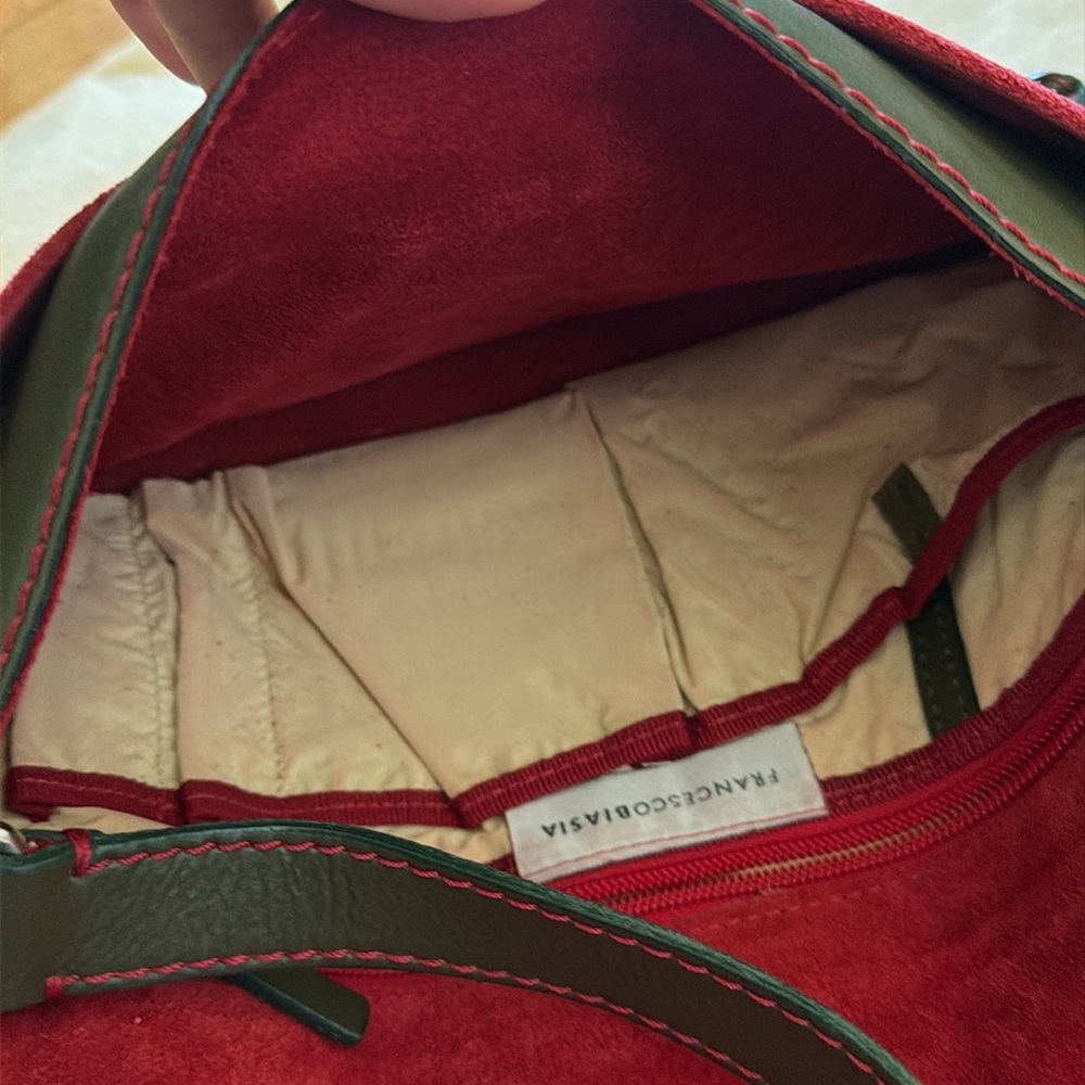 Francesco Biasia Army Green Deep Red Leather N Suede Shoulder Bag MINT condition - Picture 12 of 16